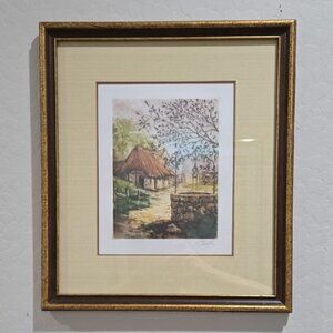 Vintage J. Bott Lithograph Hand-Colored Etching French Countryside Well Framed